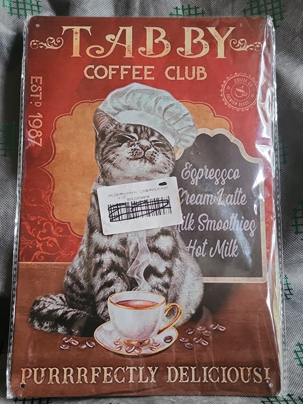 Vintage style Tabby Coffee Club tin sign featuring a tabby cat wearing chef hat